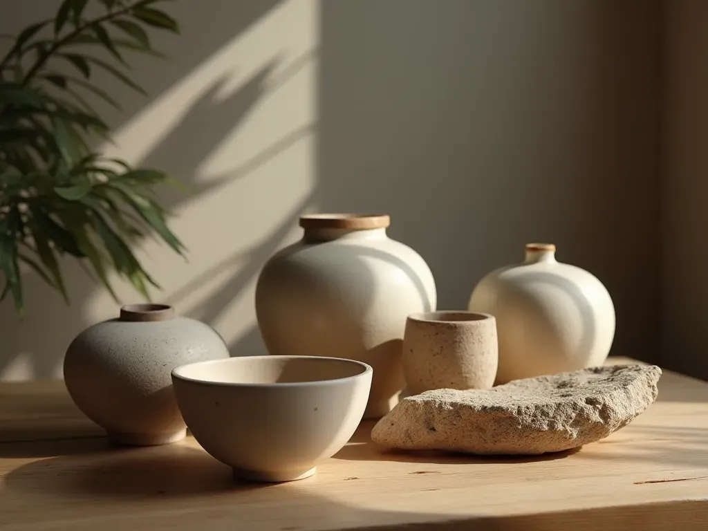 Editorial still life photograph of modern ceramic pottery pieces arranged on a wooden table next to an ancient stone tool with soft diffused window light casting gentle shadows highlighting the contrast between old and new materials in neutral tones