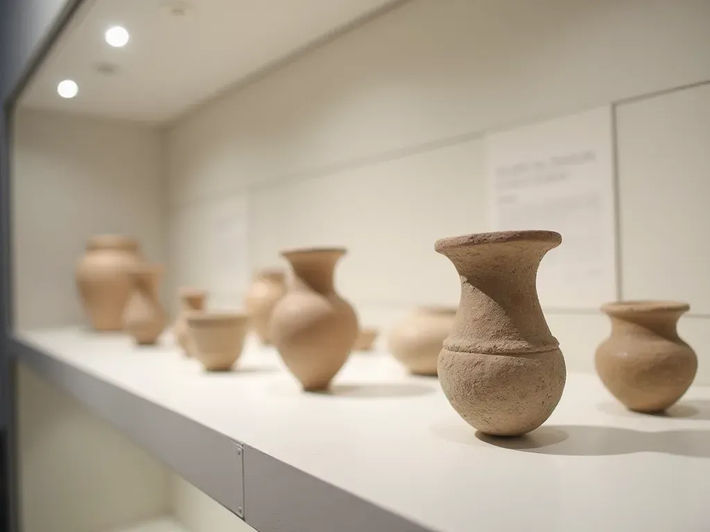 Interior shot of a modern museum exhibit displaying ancient pottery and stone tools on minimalist white shelves with soft overhead lighting creating a clean educational atmosphere without any text or signage visible in the frame