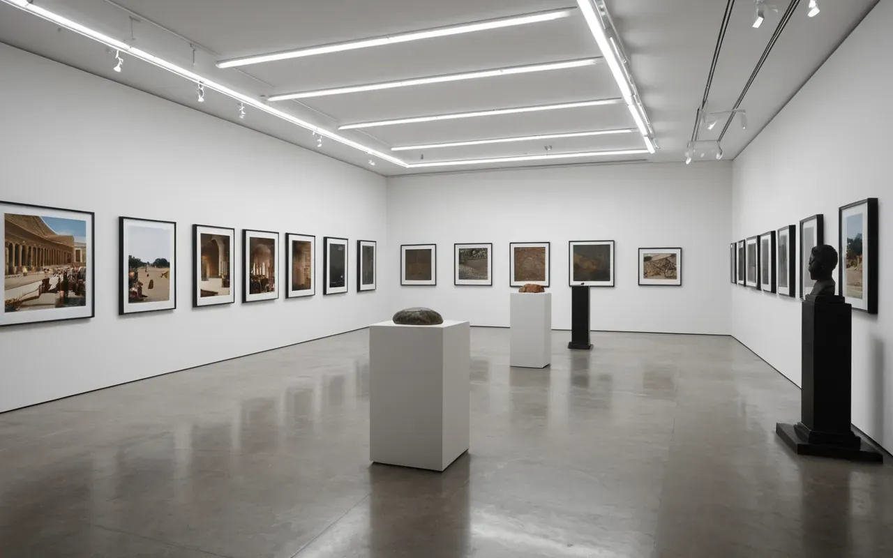 Interior view of a modern museum gallery with clean white walls and spotlights illuminating ancient artifacts on minimalist display pedestals creating an educational atmosphere