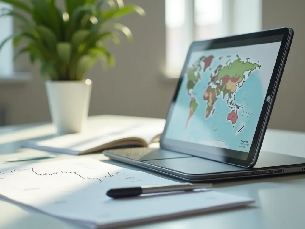 learning materials Modern minimalist workspace with open notebooks, a tablet displaying a simple map, and natural light, clean composition, professional atmosphere