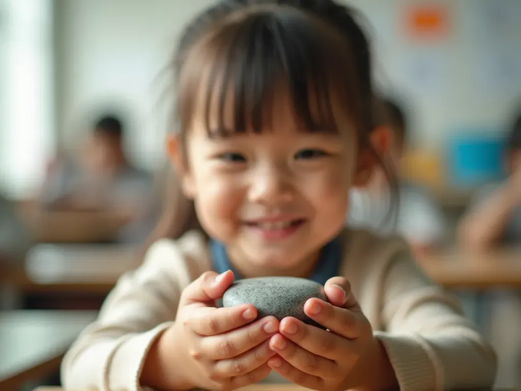 Photograph of a child's hands holding a small smooth stone object in a bright modern classroom setting with natural light and neutral colors creating a sense of curiosity and learning without any text or other distracting elements.