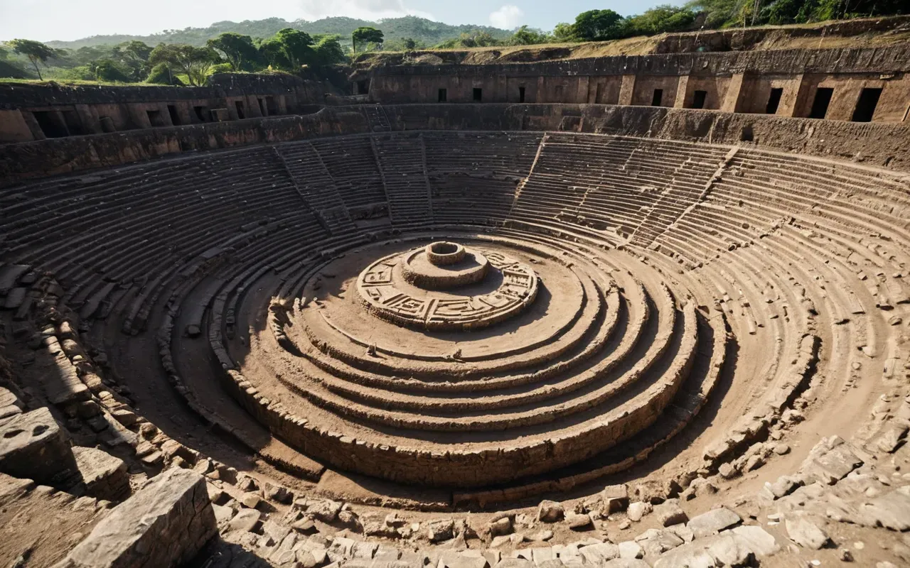 Wide angle view of a large open excavation site with deep stratified layers of earth and stone under bright daylight showing the scale of archaeological work in progress