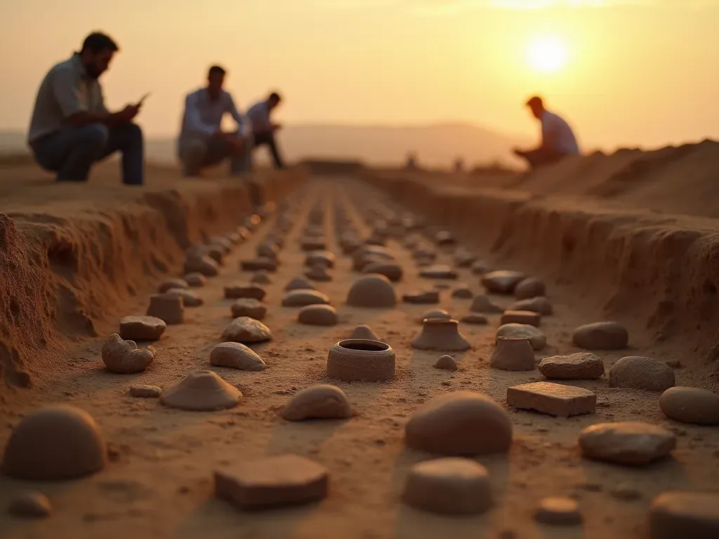 Wide editorial photograph of an archaeological dig site at sunset with a team of researchers examining ancient pottery shards and stone tools arranged neatly on the ground in soft warm light