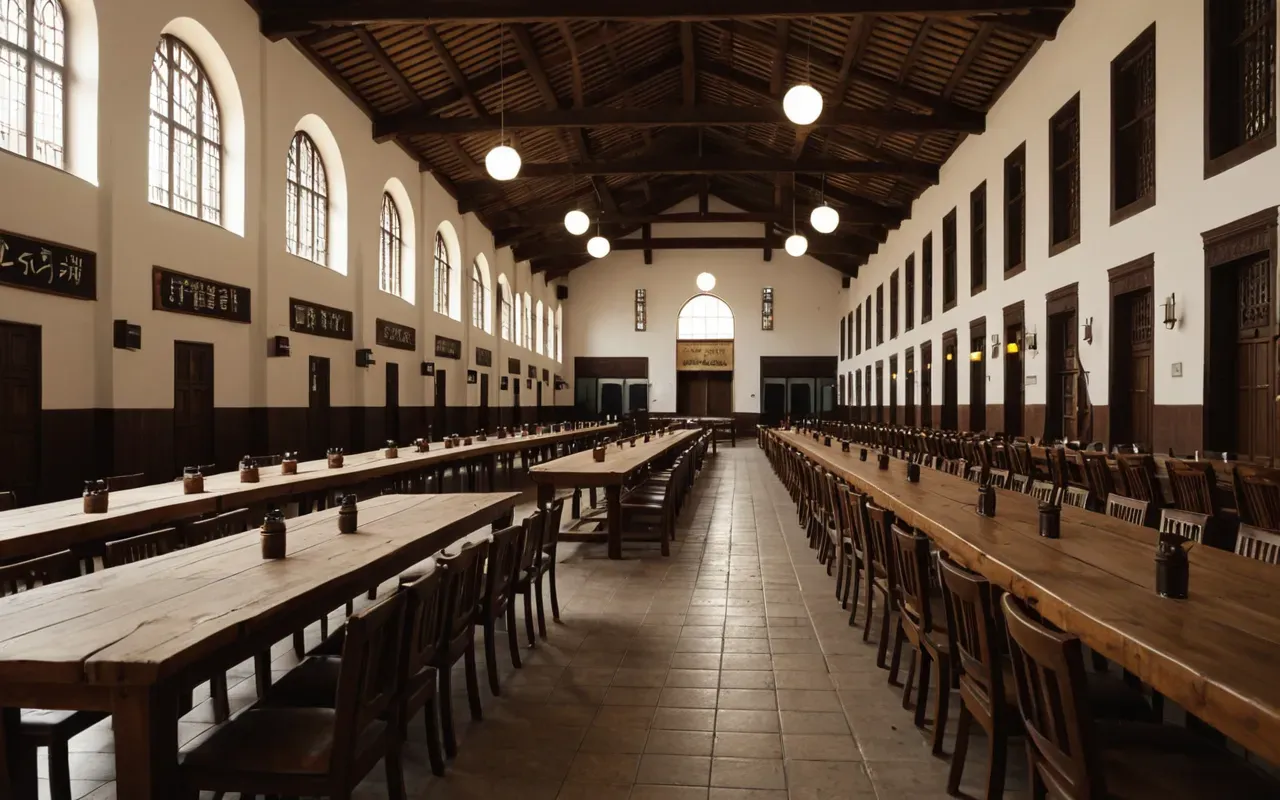 Wide shot of a large communal hall with long wooden tables and simple chairs arranged in rows under warm ambient lighting.