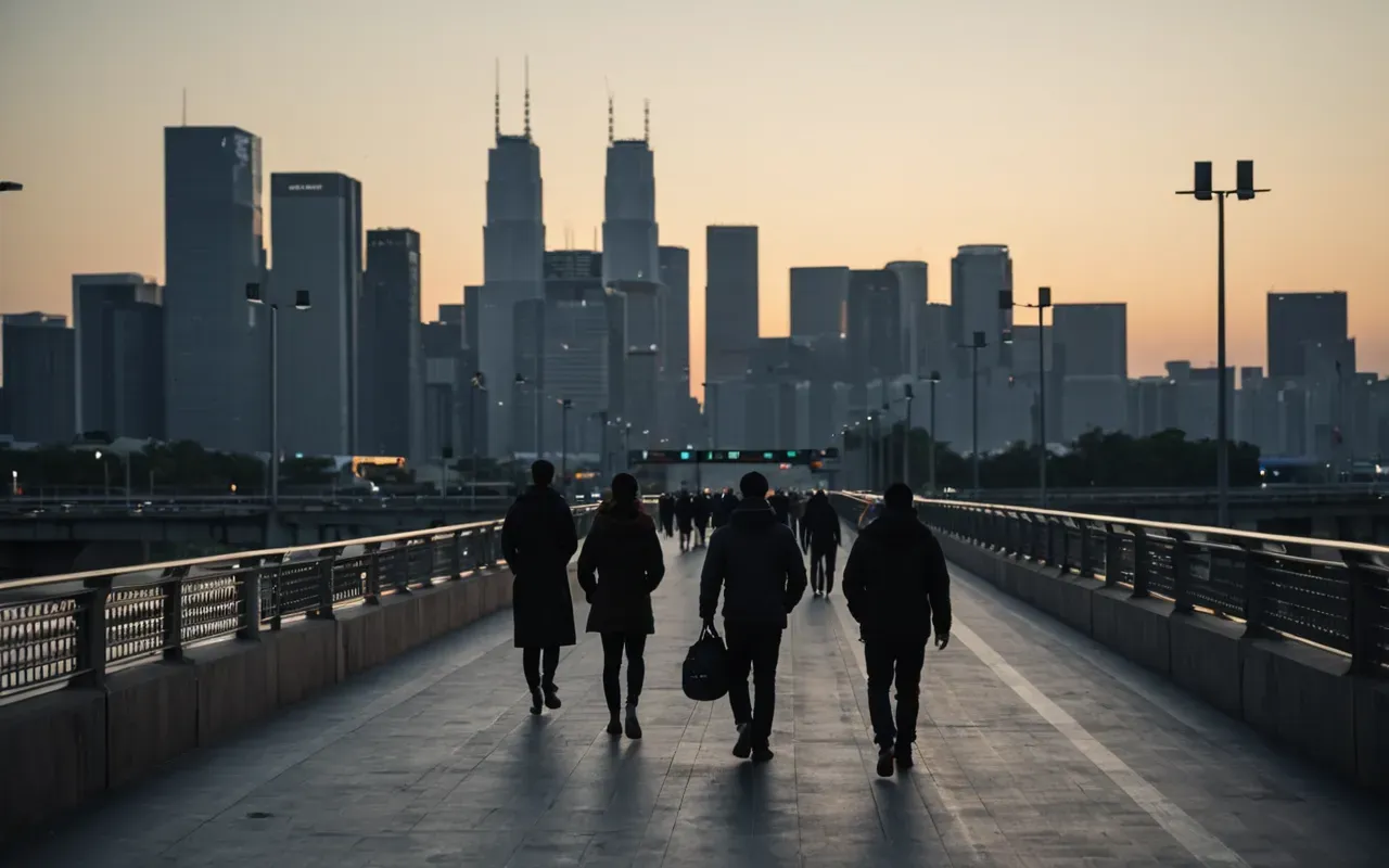 modern civilization Wide shot of a modern city skyline at dusk with silhouettes of people walking on a bridge in the foreground