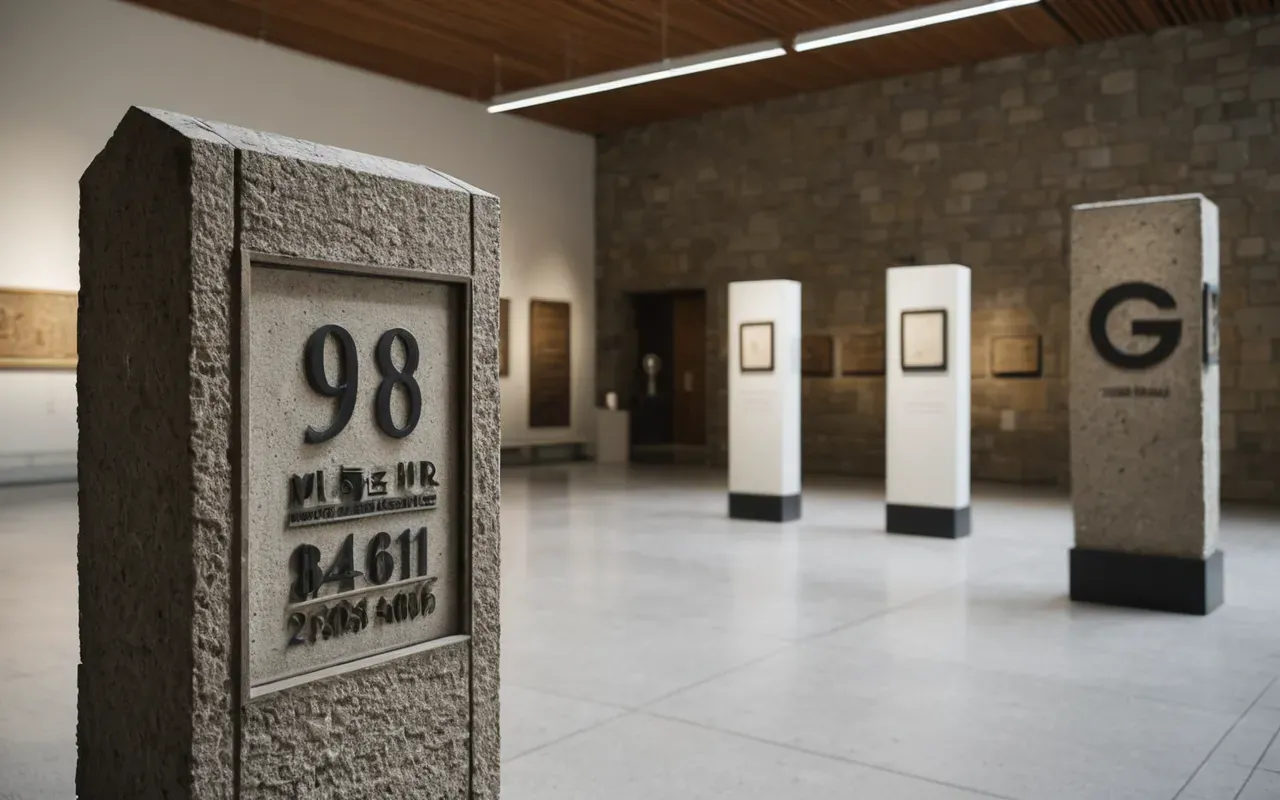 Wide shot of a modern museum gallery with stone artifacts displayed on concrete pedestals under bright even lighting and neutral walls.