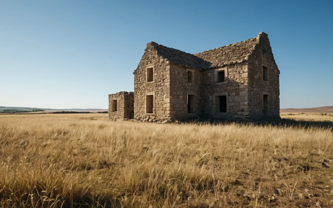 Wide shot of ancient stone house ruins in a dry grassy field under bright midday sun with clear blue sky and no people or text visible.