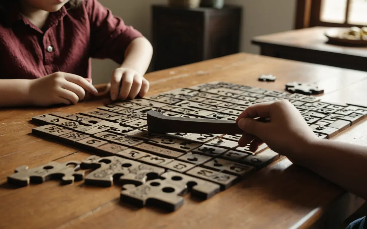 taş tepeler project A child playing with a wooden puzzle piece shaped like an ancient tool on a bright table while another adult observes in a modern educational setting.