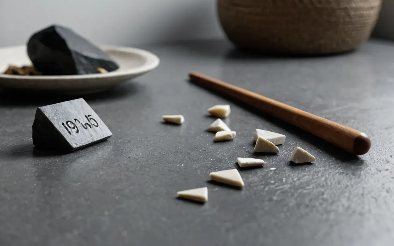 A close-up of a polished stone tool and ceramic shards arranged on a neutral grey surface with soft studio lighting highlighting textures