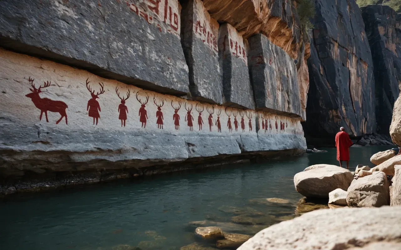 A close up of a rough stone cliff face with faint ancient red and black painted figures resembling an elk and a human next to calm water reflecting the rock.