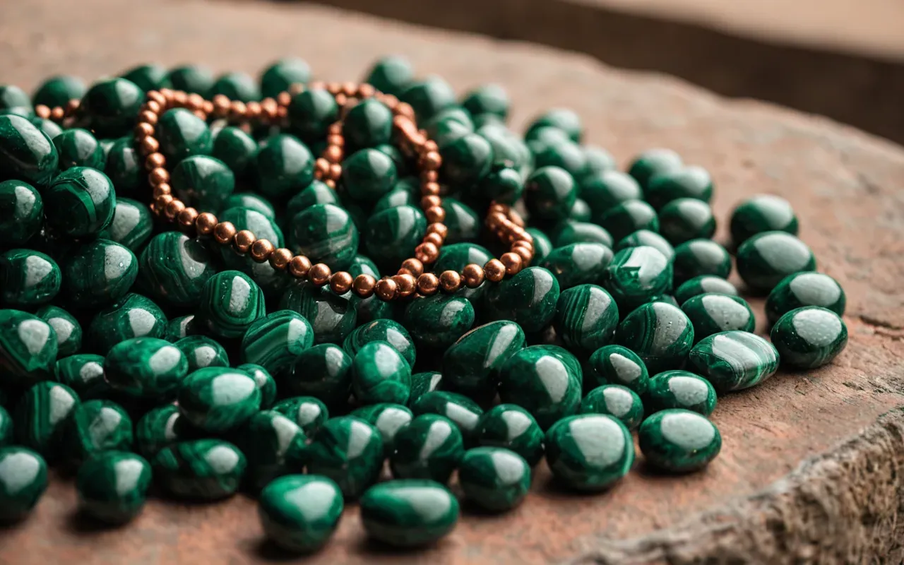 malachite and copper A close-up of rough green malachite stones and small polished copper beads arranged on a flat stone surface with warm natural lighting.