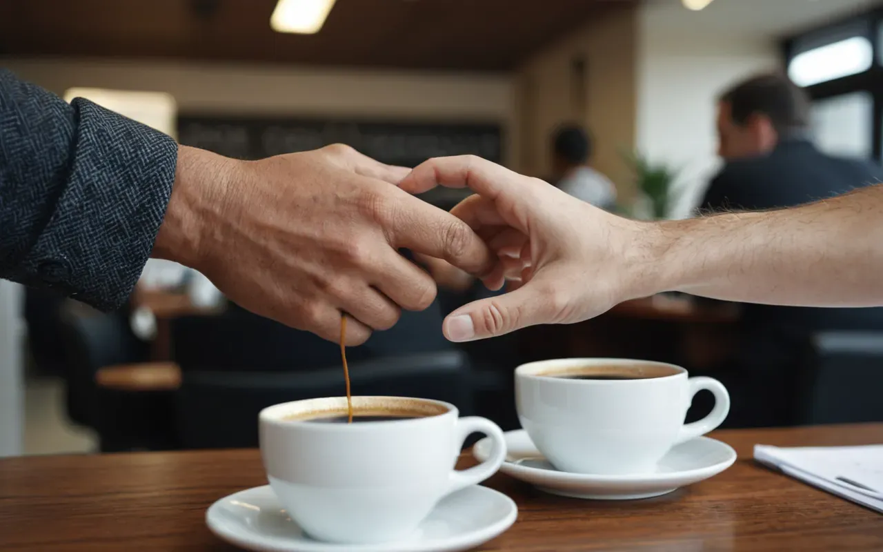 A close-up of two hands shaking over a table with coffee cups. The background is slightly blurred showing a busy office environment.