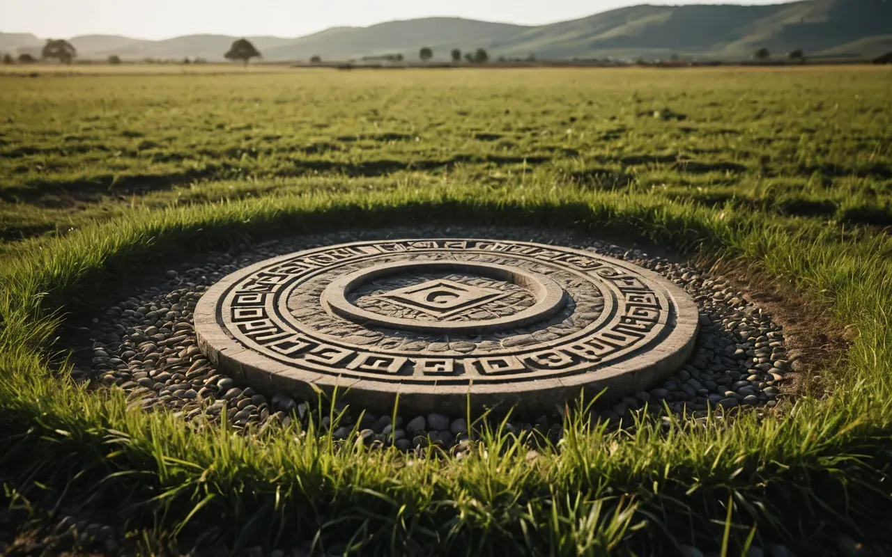 A close up view of a circular arrangement of small stone foundations in an open field with soft morning light highlighting the earth texture.