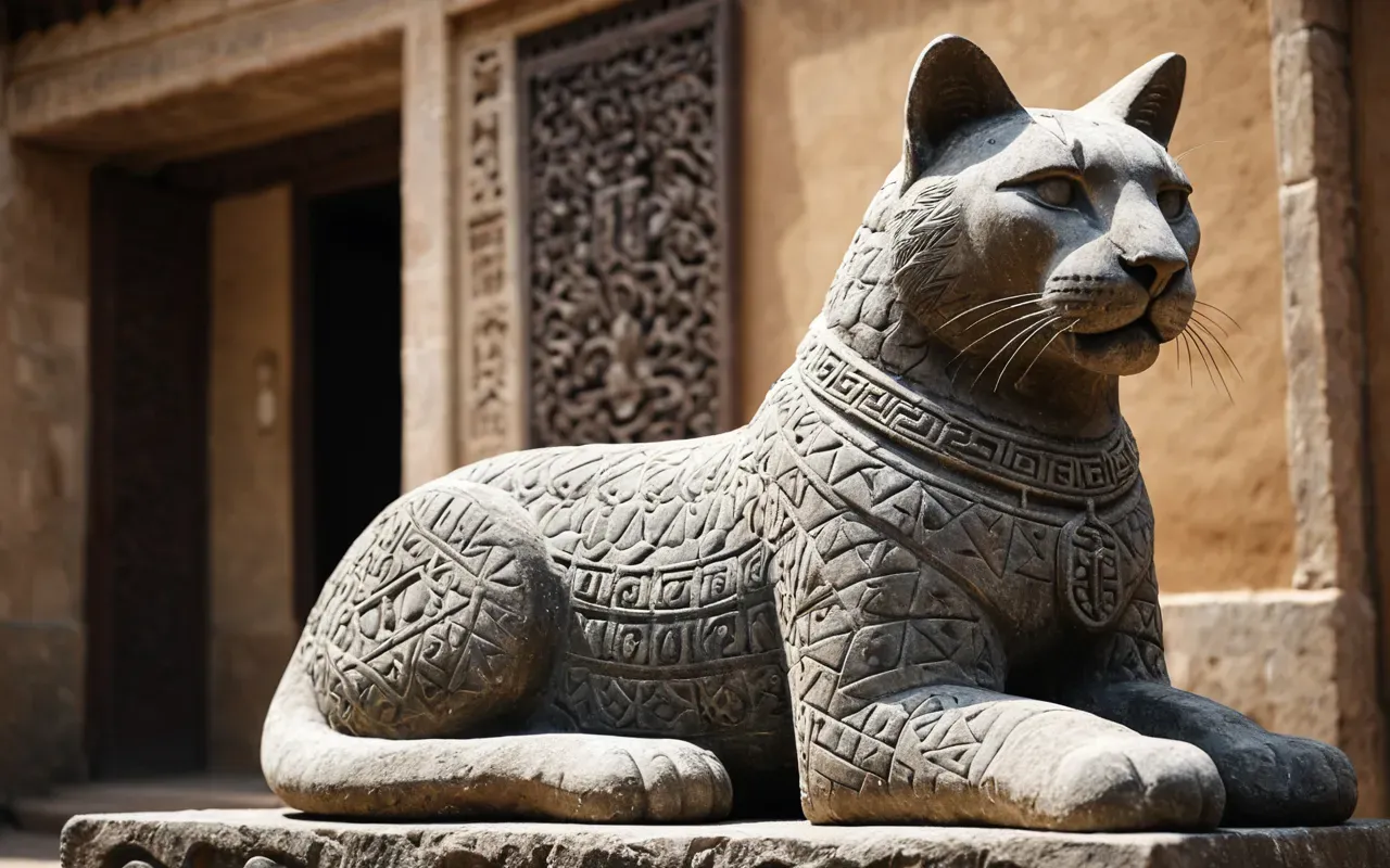 A close-up view of a rough-hewn stone sculpture depicting a human figure seated on the back of a large feline animal. The stone is grey and textured with visible chisel marks from ancient tools. Soft natural light highlights the contours of the carving, emphasizing the detailed musculature of the beast and the poised posture of the rider in a dusty excavation trench.