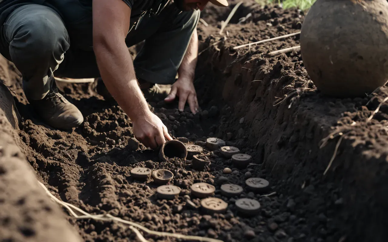 archaeological trench work A close-up view of archaeologists in a trench examining dark soil layers and exposed wooden postholes. They are wearing casual field clothing and using small hand tools to brush away dirt.