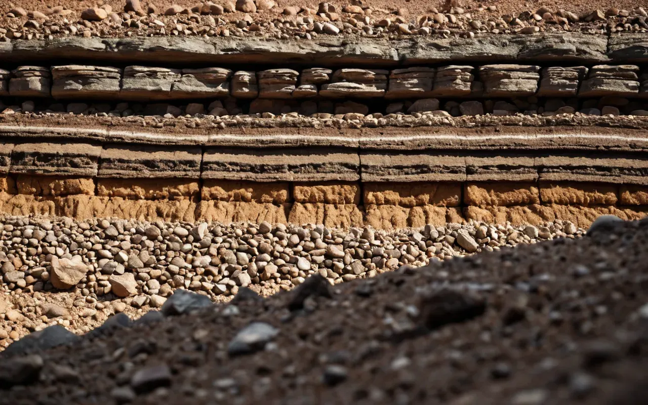 A cross-section view of layered soil and rock strata showing distinct bands of sediment with varying colors and textures. The layers are exposed in a vertical cut, revealing complex geological history without any visible human-made structures or objects.