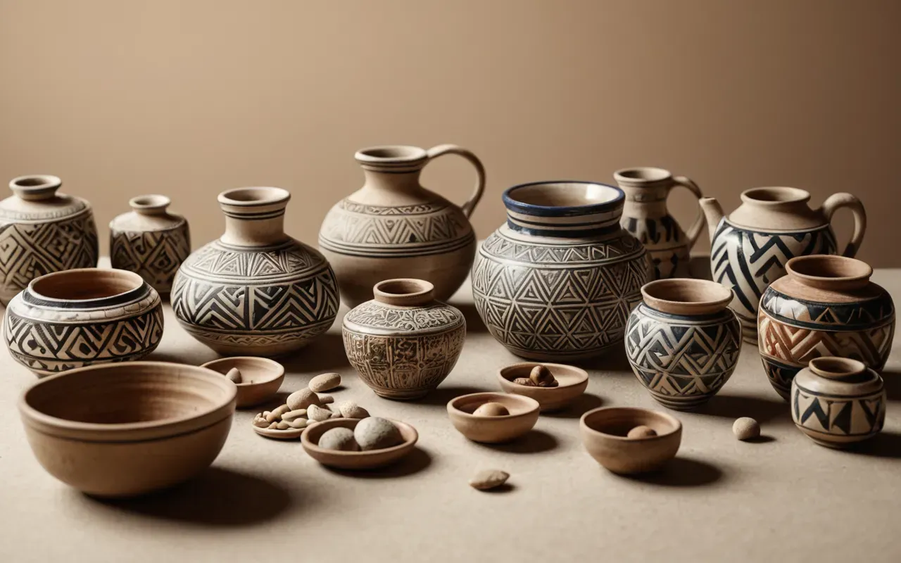 ancient ceramic collection A detailed illustration of ancient ceramic pottery pieces arranged on a neutral beige background. The objects include small animal shapes and geometric patterns rendered in earthy tones with soft studio lighting highlighting their textures.