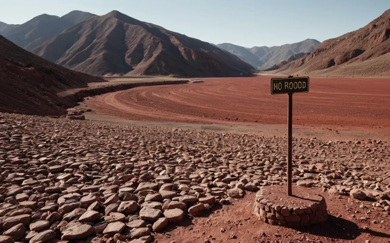 A dramatic landscape view of a dry valley floor with reddish clay soil deposits in the foreground and steep hillsides stripped of vegetation in the background under harsh sunlight. The scene captures the aftermath of severe erosion, showing thick layers of sediment settled on flat ground near a distant water source. No people or animals are visible.