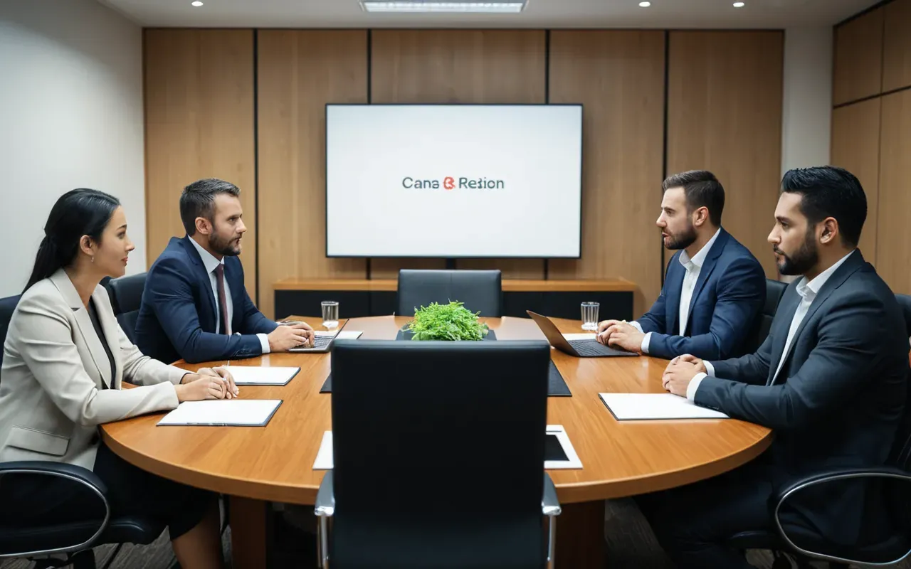 A group of business professionals sitting around a round table in a conference room. They are engaged in discussion with laptops open on the table.