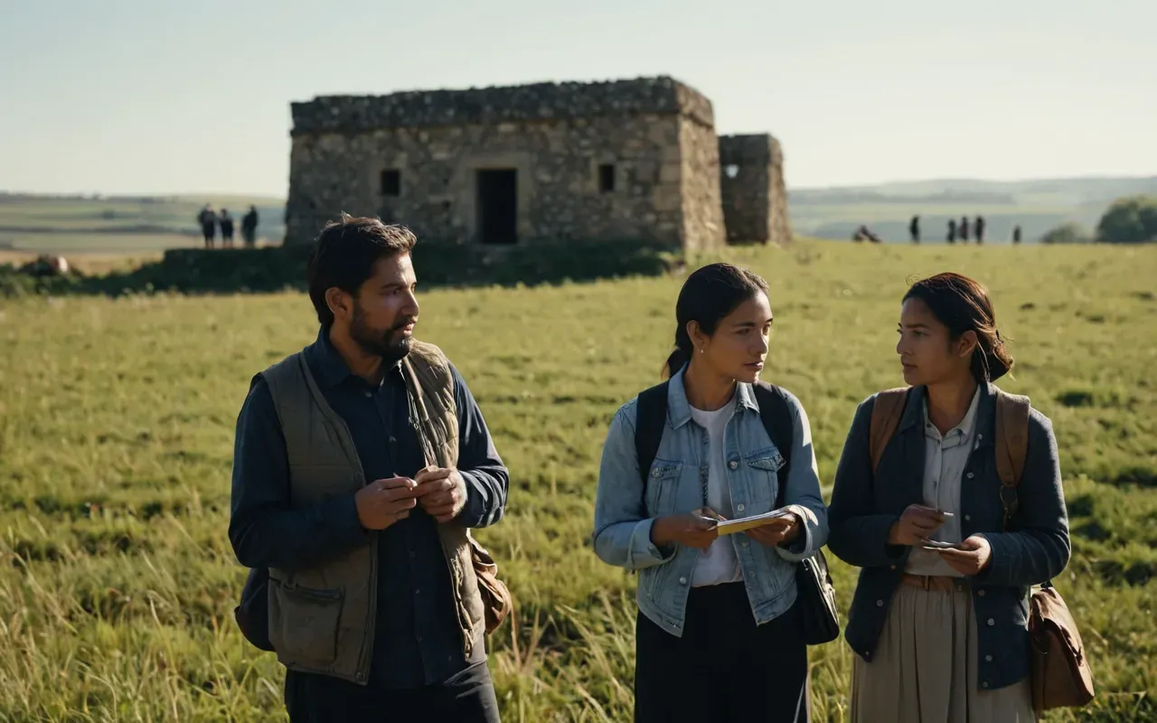 community research A group of people wearing simple modern clothes stands in a sunlit field, pointing toward distant stone structures while holding notebooks and small tools for measurement under a clear blue sky.