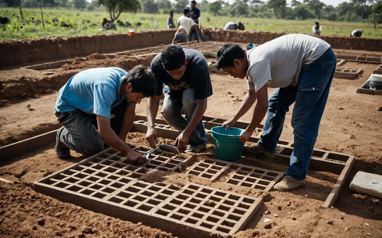 student dig team A group of students in casual outdoor clothing work together around a rectangular excavation grid with tools and buckets arranged neatly on the ground under soft daylight