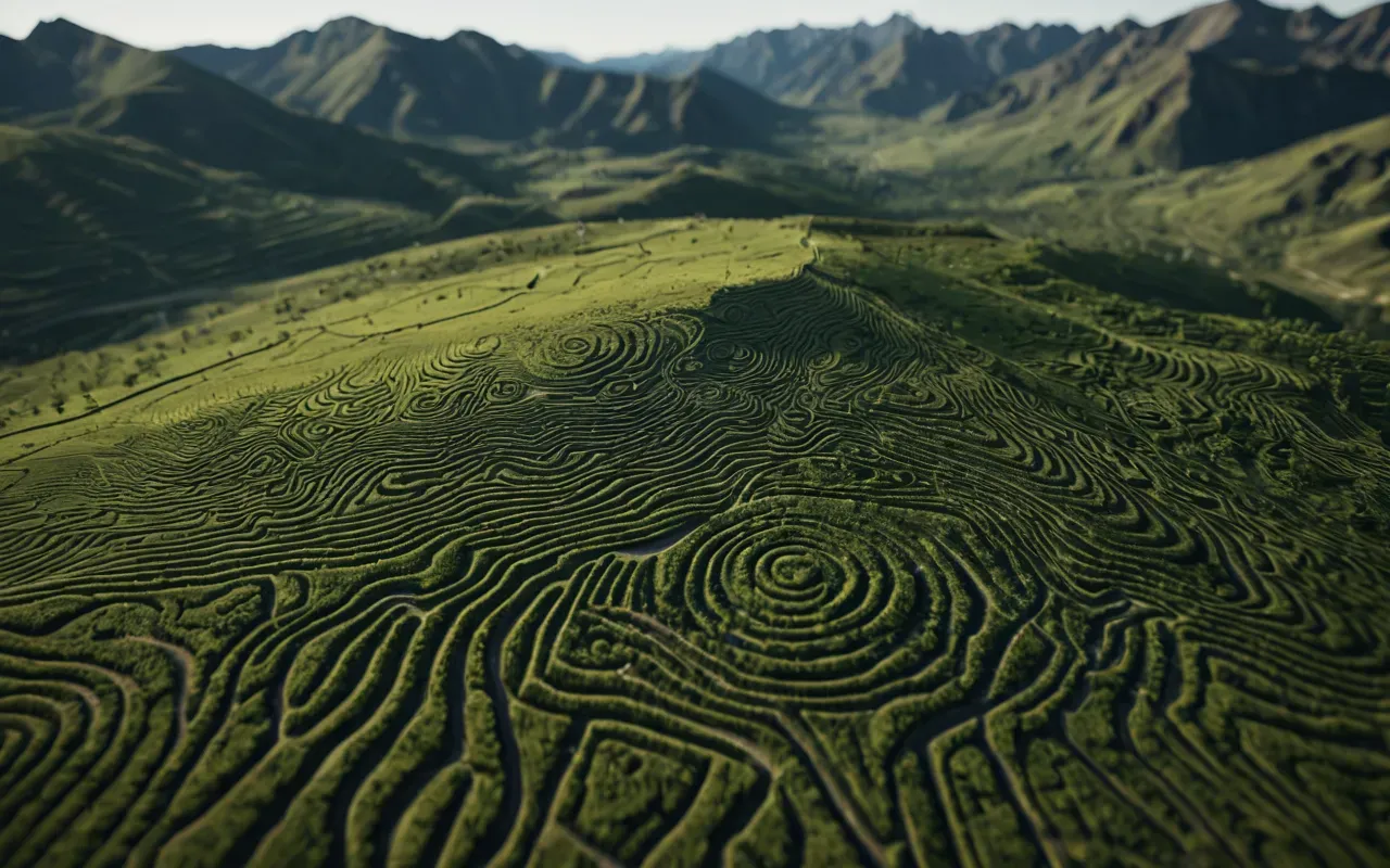 A high-resolution digital map showing topographic elevation lines and shaded terrain features with circular geometric patterns overlaid to represent synthetic archaeological structures generated by code in a forest setting.