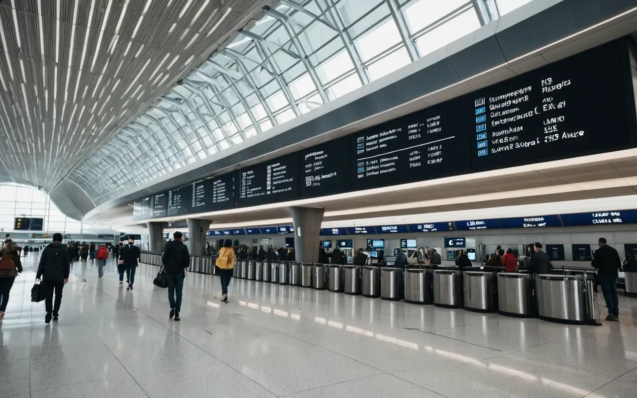 A modern airport terminal with people walking towards the exit. Natural light fills the space and the architecture is sleek and contemporary.