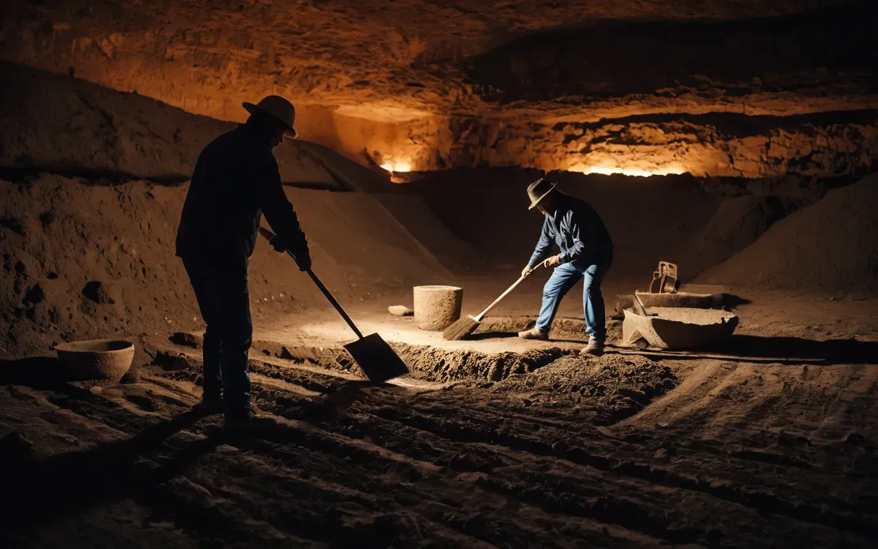 A modern archaeological excavation site at dusk with workers using trowels and brushes near exposed earth layers under artificial lighting