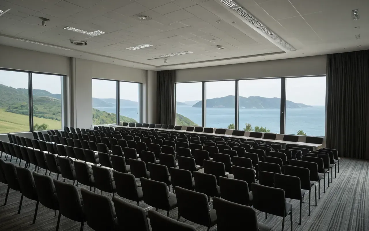 A modern conference hall with rows of empty chairs facing a stage. Large windows show a view of the sea and green hills in the distance.