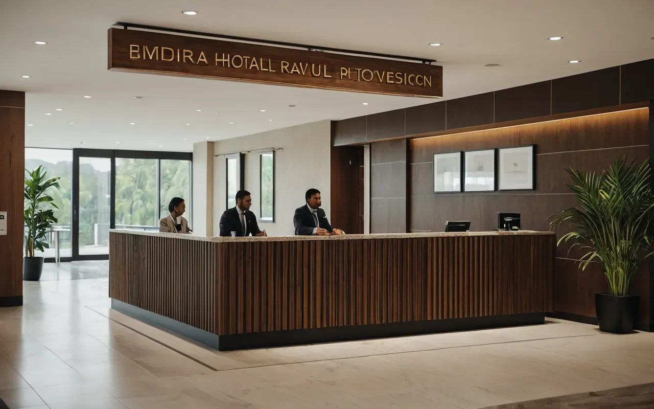 international tourism buyers A modern hotel lobby with natural light streaming through large windows. People in business attire are shaking hands near a reception desk. The atmosphere is professional yet welcoming.