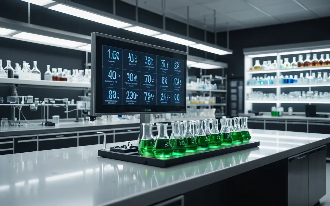 genetic research A modern laboratory bench with glass beakers and digital screens displaying molecular structures sits under bright fluorescent lights, surrounded by shelves of organized chemical bottles and scientific equipment.