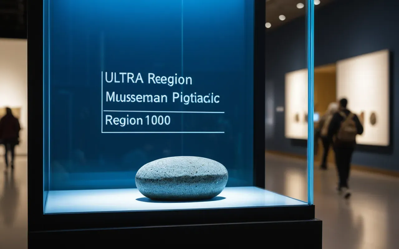 neolithic art culture A modern museum display case with soft blue lighting showcasing a small carved stone object on a pedestal with blurred background visitors walking by