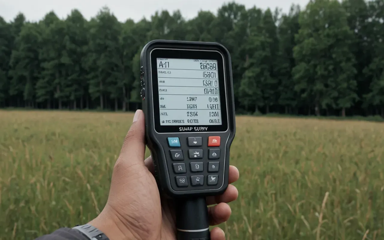 A modern scientist holding a handheld magnetic survey device while standing in an open field with trees visible in the distant background.