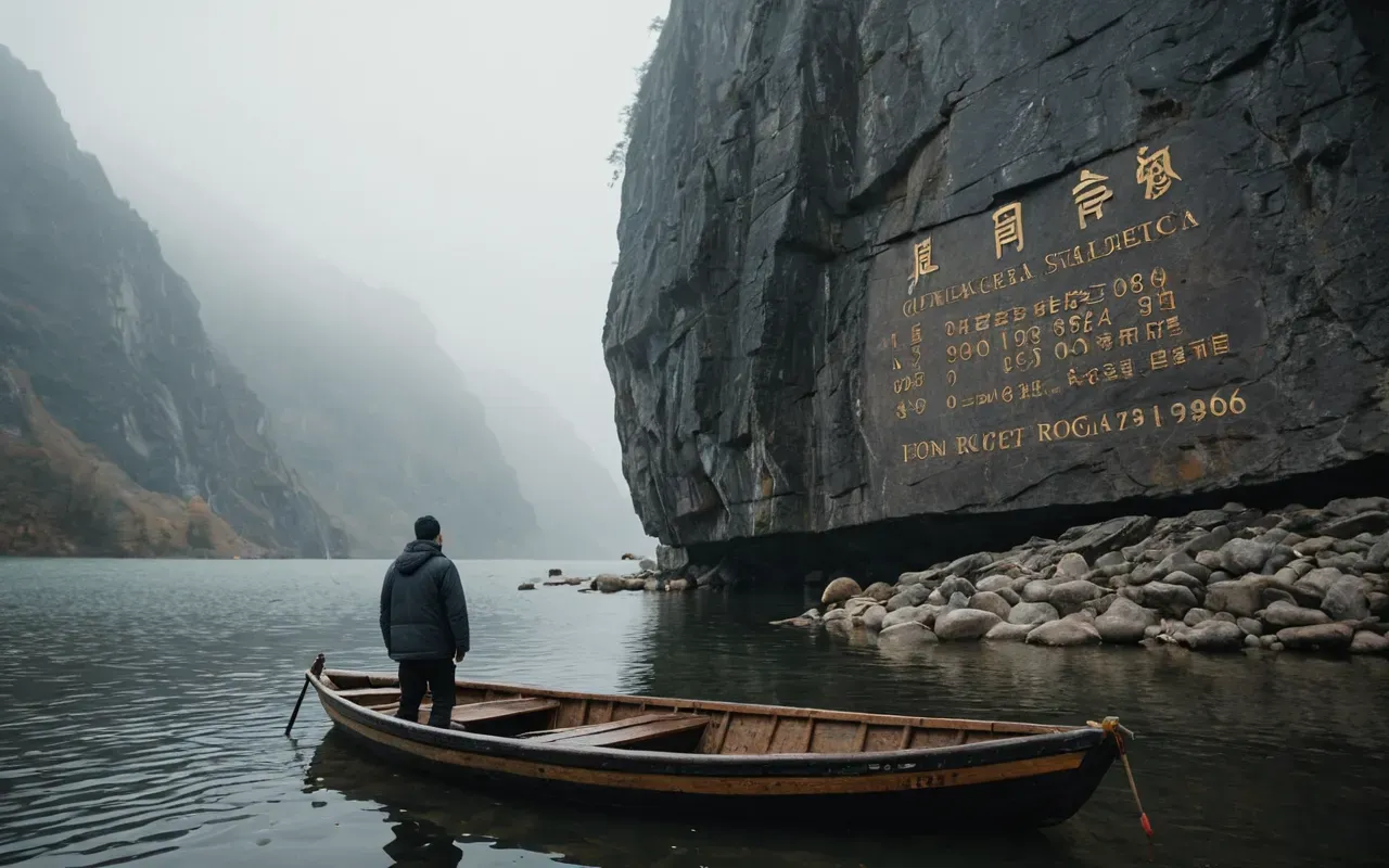A person standing in a small wooden boat on a misty lake looking up at a large rock face with faint ancient animal paintings under overcast light.
