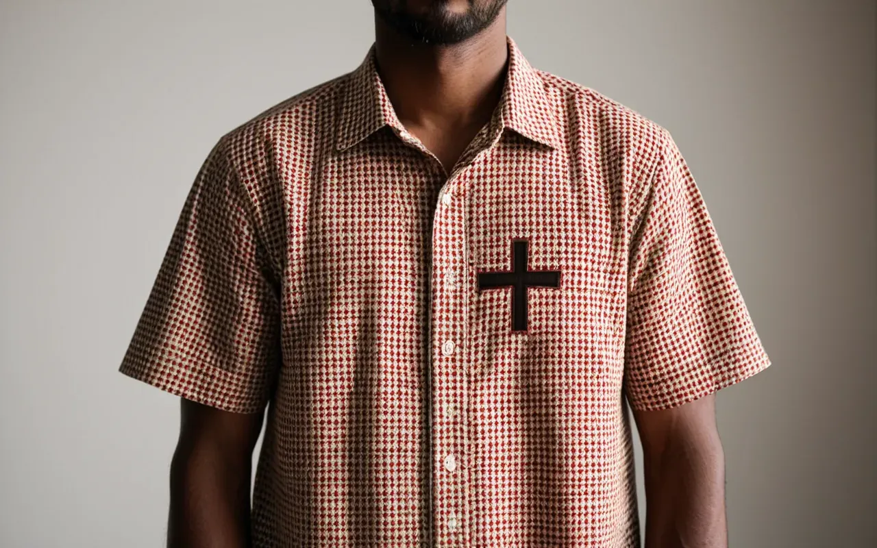 woven garment patterns A person wearing a simple woven shirt with a geometric cross pattern in red and beige tones standing against a plain neutral background with soft studio lighting highlighting the texture of the fabric.