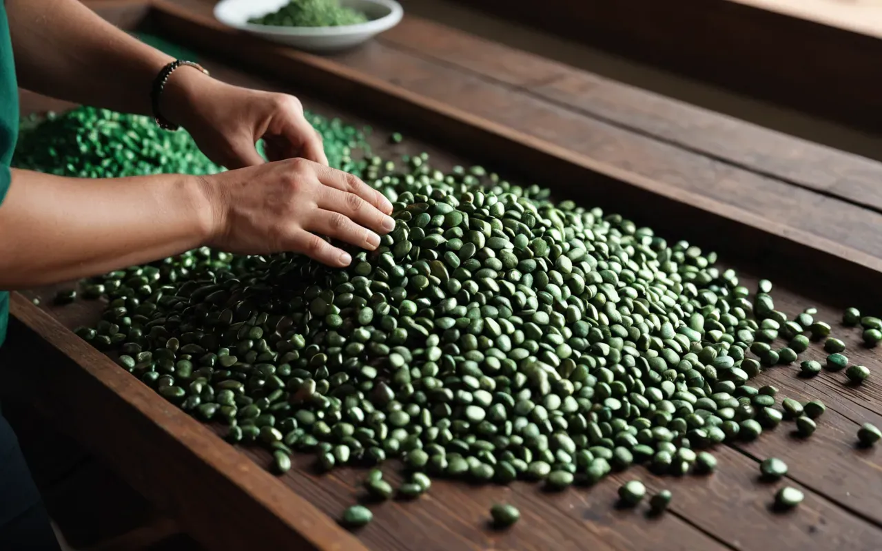 artifact sorting process A person's hands carefully sorting small green stones and shiny metal beads on a flat wooden table. The lighting is warm and focused on the objects.