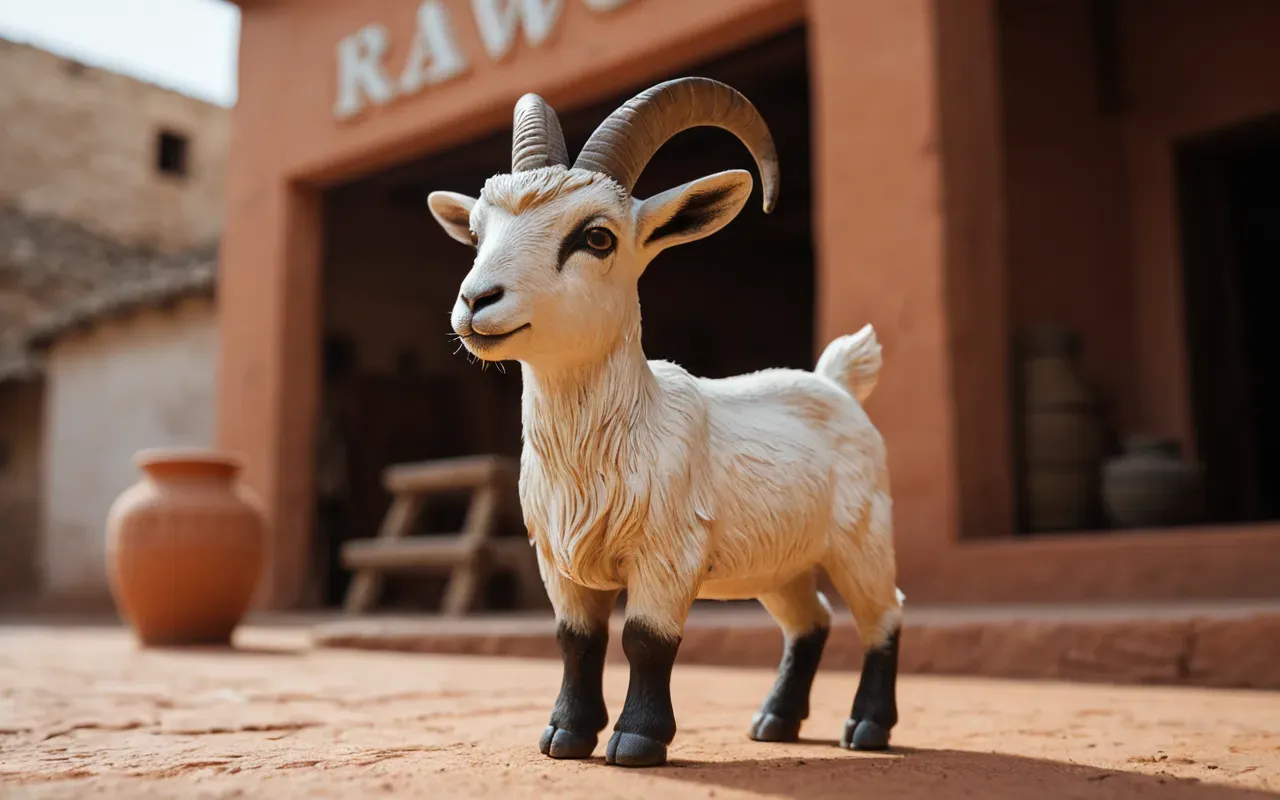 terracotta animal figure A photo-realistic close-up of a small terracotta animal figure resembling a goat standing on four short legs. The object has a smooth matte finish and sits on a rough stone surface with soft natural lighting casting gentle shadows.
