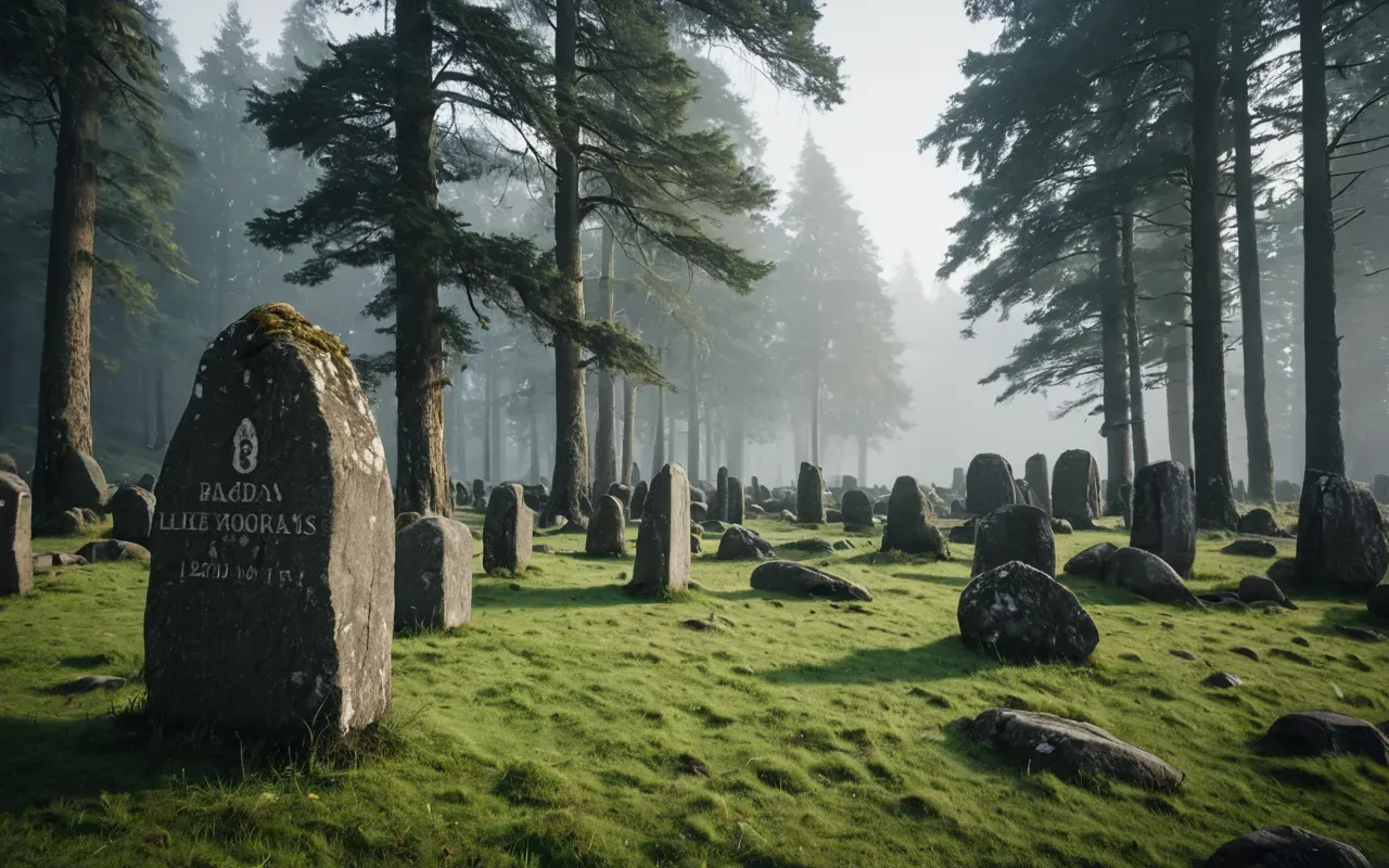 ancient stone circle landscape A photorealistic scene of a vast ancient forest clearing with massive grey standing stones rising from the ground. Soft morning mist hangs low over the grassy terrain where several large rocks are visible in the distance.