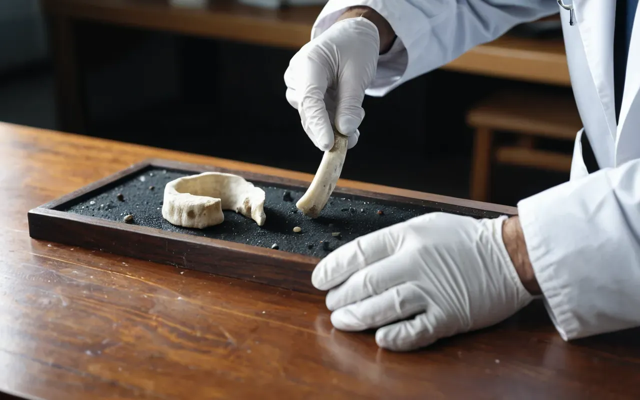 bone analysis findings A researcher wearing white gloves examining a fossilized bone fragment under bright clinical light on a clean wooden table surface