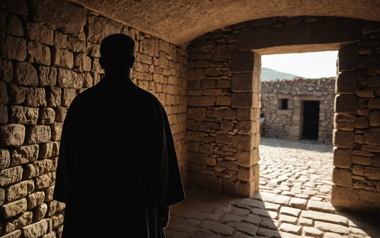 ancient workshop atmosphere A silhouette of a figure standing in a small enclosed room with stone walls. The scene is lit by a single beam of sunlight from above.