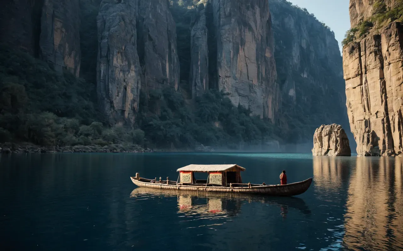 A solitary wooden raft floating on a calm dark blue lake near a massive vertical rock cliff face with painted ancient figures under soft morning light.