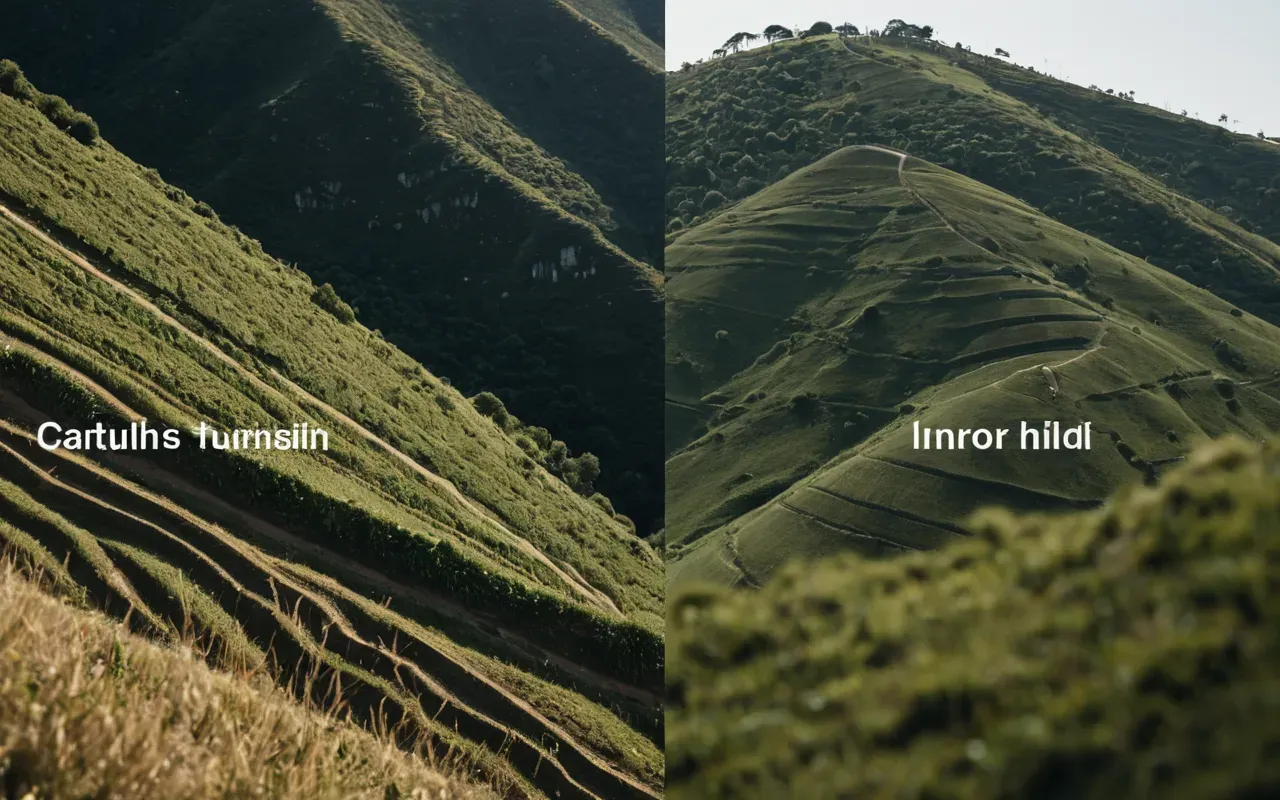 A split view showing two cross-section elevation profiles of a hillside terrain where one side curves outward smoothly and the other side shows an inward dip indicative of a constructed human feature.