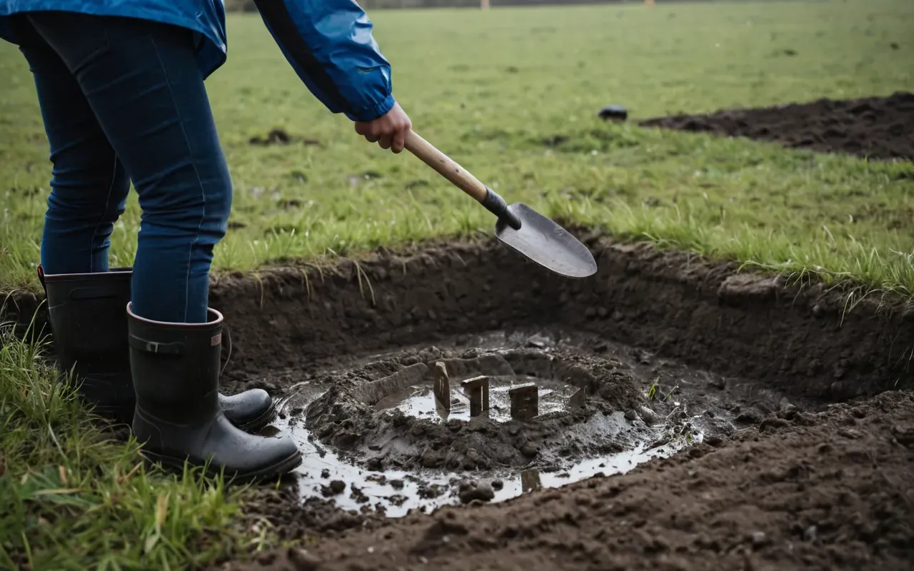 archaeology dig site A student in a rain jacket and boots stands on a muddy grassy field holding a small hand trowel near an excavation pit with wooden stakes visible under natural overcast light