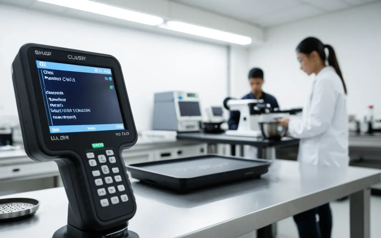 A student using a portable electronic device to scan an object on a lab bench with other scientific tools nearby in a bright clean room