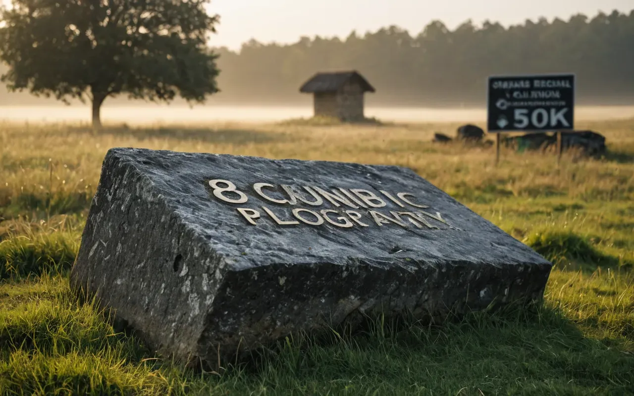 A weathered massive stone slab resting on grass in a misty field at dawn with soft golden light illuminating the rough texture and moss growing on the base.