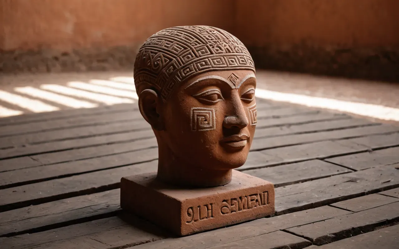 terracotta heads A weathered terracotta head with intricate geometric patterns sits on a wooden table in soft natural light, casting long shadows across a dusty floor near an open window revealing dry grass outside.