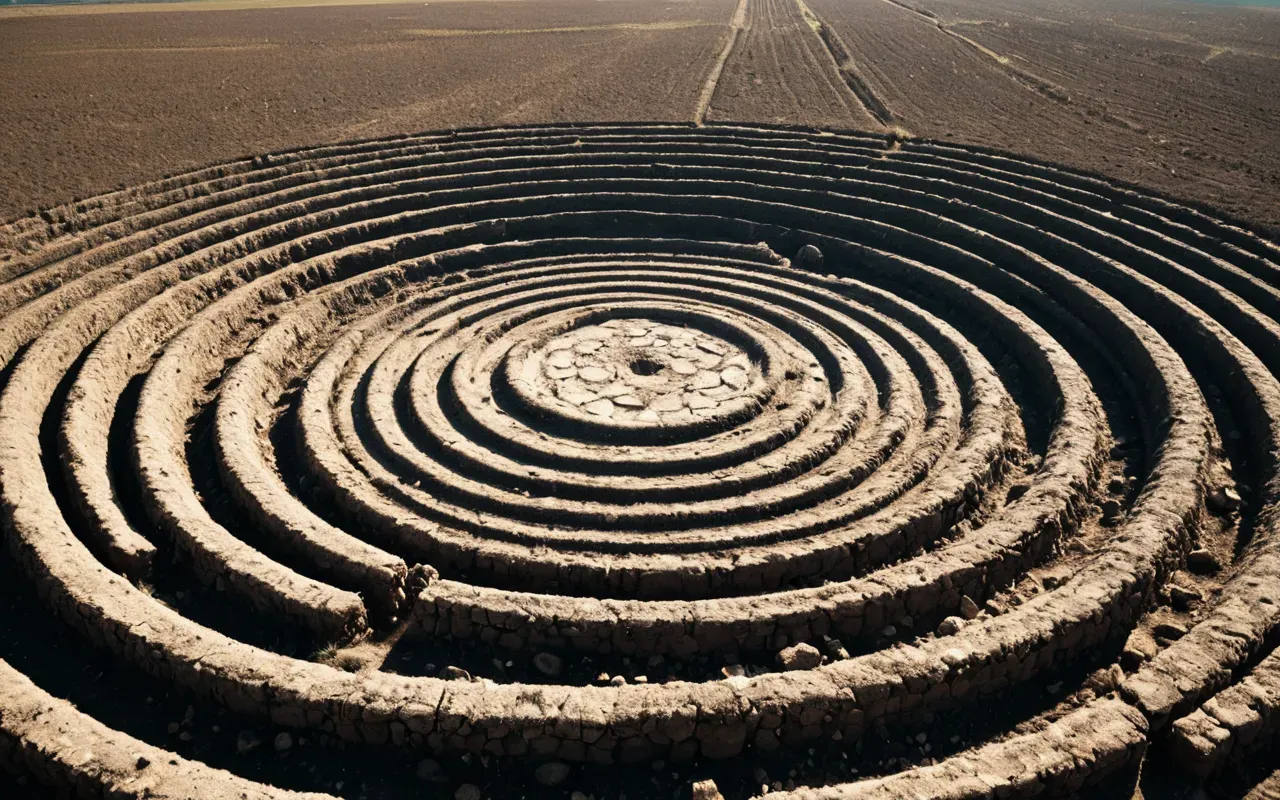circular earthwork site A wide-angle shot of a vast open field with faint concentric circular mounds visible in the earth under bright afternoon sunlight. The soil is dry and light-colored, contrasting with surrounding green grass. No people are present.