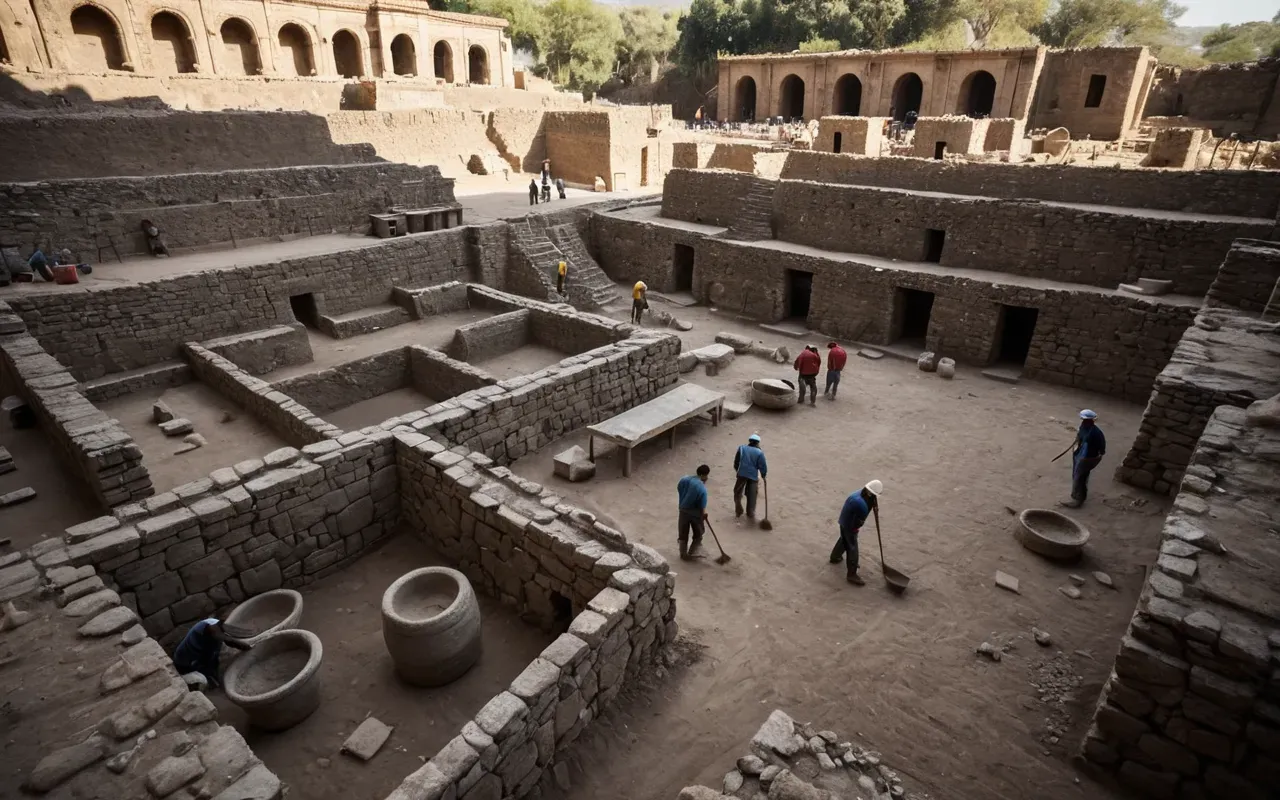 A wide-angle shot of an archaeological excavation site with workers carefully brushing dirt away from large stone structures. The scene is bathed in warm afternoon sunlight, casting long shadows across the sandy ground. In the background, a partially exposed circular structure made of fitted stones stands prominently, surrounded by wooden support beams and surveying equipment.