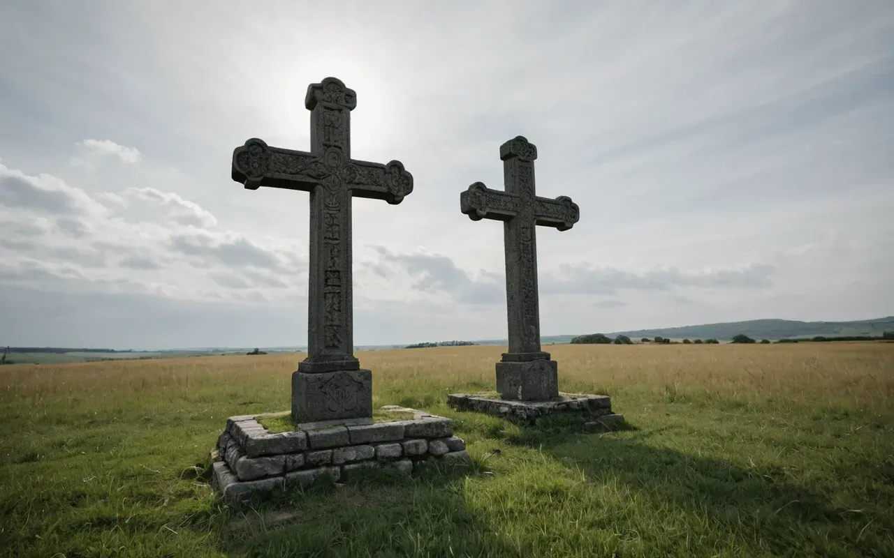 medieval heritage landscape A wide angle view of a historic stone cross standing in an open grassy field. The sky is overcast with soft diffused light creating gentle shadows on the ground around the monument base.