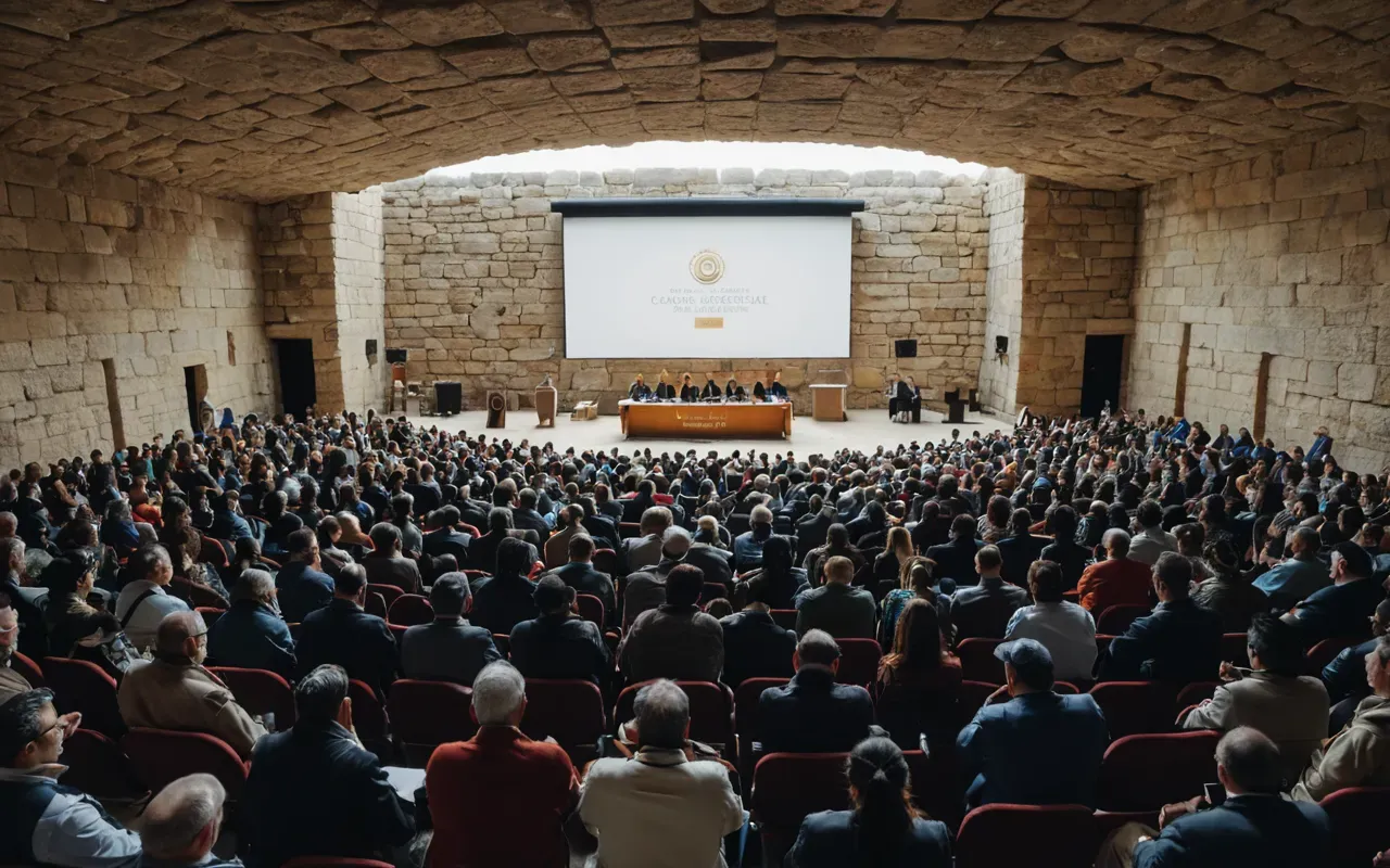world neolithic congress A wide-angle view of a modern archaeological conference hall filled with diverse researchers listening to a presentation on ancient stone structures under bright overhead lighting.